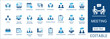 © Pixel Flat Design - corporate meeting  icon set. Symbols for meeting, seminar, online conference, schedule, teamwork, and office presentation in flat blue style.