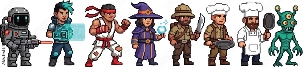 Collection of diverse pixel art character sprites featuring an ...