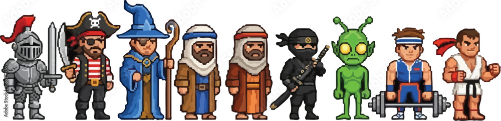 Collection of diverse pixel art retro video game characters including a ...