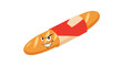 © Mamun - Personified long french baguette bread character with an angry facial expression and a red and white paper wrapper for bakery advertising.