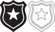 © Shah Hasanuzzaman - Vector icon set featuring a police officer badge shield with a star symbol in solid black silhouette and linear outline styles for law enforcement and security design projects.
