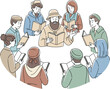 © Alisya Design - A diverse group of men and women in a circle studying books together with a bearded teacher.