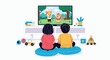 © Biz Flare - Two young children sitting on the floor together and watching an animated cartoon show on a large television screen.