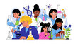 © Jangkrik - Illustration of diverse group of women and girls in lab coats engaging in science experiments with colorful equipment and vibrant laboratory setting.
