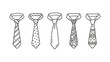 © nupixel - Collection of hand drawn neckties in black outline style. Set of 5 doodle ties with striped, dot, and geometric patterns. Men business accessory vector isolated on white background.