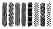 © naufal - Detailed black grunge tire track marks set showcasing various vehicle treads on a white background, concept for rugged advertising, racing promotions and industrial graphic design