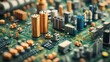 © ainynoer - Close-up view of a green circuit board featuring copper capacitors and various electronic components arranged in a technical layout highlighting the role of copper in battery technology within modern