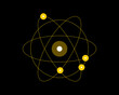 © Mehedi - Stylized atomic model with bright yellow electrons orbiting a brown nucleus, great for science. isolated on dark background.