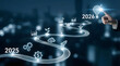 © techstudio - Hand pointing at target symbol at the end of glowing digital road timeline transitioning from year 2025 to 2026 representing strategic business planning and achievement