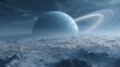 © Giacomo - Ringed planet above icy mountains and clouds. Sci‑fi space landscape with huge Saturn-like planet and rings over frozen terrain, blue tones, astronomy concept, no people.
