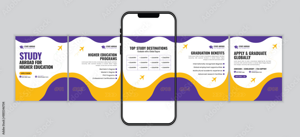 Student Visa Application Process for Study Abroad and Global Education Social Media Carousel Post Design Template