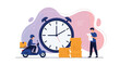 © Michael - Fast delivery service concept featuring courier on scooter with giant clock and money stacks symbolizing time and profit.
