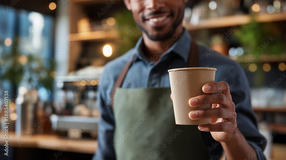 Faceless happy smiling waiter in apron holding tumbler or takeaway thermo cup over bar background, sustainable food service, reusable drinkware promotion, defocused server, with copy space