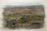 Digital watercolour painting of the Stanage Edge millstones in the Derbyshire Peak District National Park during winter.
