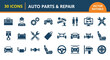 © HUANG - Collection of vector icons representing auto parts and repair services for vehicles and transportation