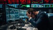 © Tanakorn - Stressed forex trader overwhelmed by sudden market collapse, head in hands amidst a cascade of red graphs and real-time data displays