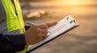 © rdkcho - Construction worker filling out checklist on clipboard outdoors