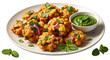 © Omor - Pakora snacks with mint chutney on plate, Ramadan food, isolated on transparent background
