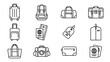© Kla - Travel luggage icons set. Vector line art collection. Suitcase, backpack, passport, ticket. Tourism and vacation symbols. Minimalist baggage for trip journey. Holiday accessories.