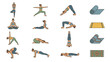 © Gab - Yoga poses and mats vector icon set. Woman practicing asanas. Meditation stretching exercises. Health wellness collection. Fitness balance relaxation. Workout equipment. Flat design.