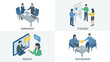 © Gab - Isometric business negotiation scenes set. Corporate teamwork. Agreement handshake, strategy presentation, remote video call, partnership meeting. 3D office people concept vector.