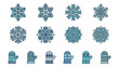 © Gabriel - Set of blue winter icons featuring geometric snowflakes and patterned mittens. Christmas holiday decoration elements. Cold weather seasonal symbols. Flat vector design collection.