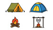 © AG - Collection of Flat Design Camping Icons: Two Tents, Campfire with Logs, and Pot Over Fire, Ideal for Outdoor Adventure and Travel Graphics