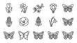 © AG - Minimalist line art spring icons set with flowers and butterflies, black outline botanical doodle collection in tidy grid for logo, sticker, print, web, app UI