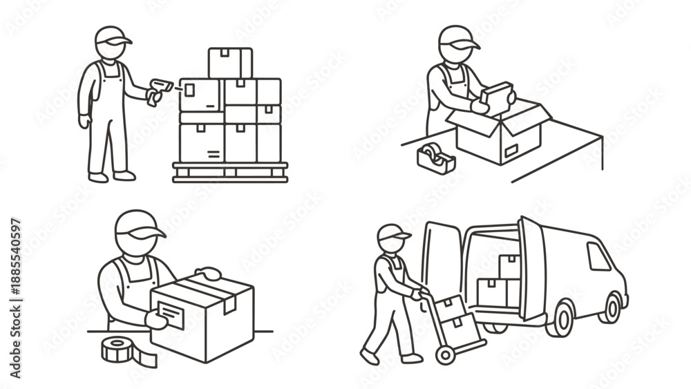 Warehouse logistics icons. Worker scanning package packing box loading ...