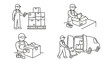 © Klr - Warehouse logistics icons. Worker scanning package packing box loading truck. Supply chain delivery distribution. Freight transport outline. Shipping courier inventory. Linear vector.