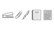 © Ron - Set of Thin Line Vector Icons of Office Supplies and Stationery Including Stapler, Paperclip, Pen, Spiral Notebook, and Calculator Isolated on a Clean White Background for Business and Education.