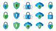 © Ron - Set of 15 Cybersecurity and Data Protection Icons Featuring Locks, Shields, Clouds, and Fingerprint Scanners in a Clean Flat Geometric Style for Network Security and Digital Privacy Concepts.