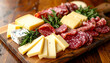 © hardvicore - Gourmet charcuterie board with various cheeses, sliced salami and herbs, appetizing food. Delicious snack