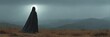 © ภูริพัฒน์ ภิรมย์กิจ - Ethereal figure shrouded in darkness under a luminous halo in a desolate, misty landscape with rolling hills