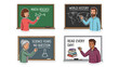 © Aer - Set of 4 teacher stickers. Education vector collection. Diverse professors writing on blackboards. Teaching math history science reading. Classroom scenes. School learning concept.