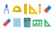 © Klm - Mathematics geometry tools vector icons. Colorful flat school supplies set. Compass protractor ruler calculator pencil. Education equipment collection for math class measurement.