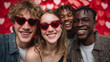 © Maksym - Multicultural friends posing joyfully in heart sunglasses, radiant red backdrop with glowing floating hearts, smiles and laughter emphasized, vibrant, energetic, and festive mood