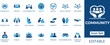 © FlatCore Studio - Community and social connection icon set featuring collaboration, volunteer work, charity, unity, public society, neighborhood, and collective support symbols for social networking.