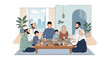 © Muhammad - family dinner ramadan eid celebration togetherness festive meal hijab children lanterns illustration
