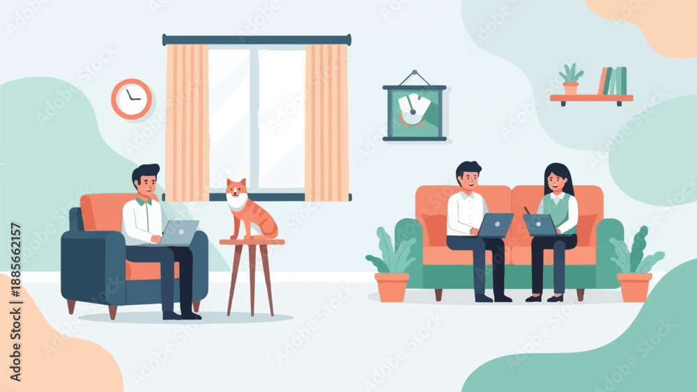 Diverse individuals work remotely from cozy living rooms with pets and plants