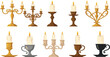 © MstGulzan - Candle holder and candelabra collection vector illustration set featuring elegant vintage candlesticks with lit candles for decor and celebration designs