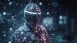 © inung - Futuristic figure, shrouded in dark gray armor,  with glowing lines and lights connected to it, in a blurred night cityscape background