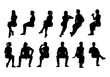 © SR - people sitting without chair silhouette set for architectural, men and women talking, drinking, relaxing. front and side view, black shadow elevation illustration.