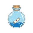 © ma - Romantic Message in a Bottle Illustration with Blue Water and Heart Seal Scroll Floating Inside Clear Glass Jar Isolated on White Background
