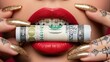 © Cahya - Financial Indulgence Red Lips with Braces Holding a Roll of Currency Adorned with Golden Glitter Nails and Tattoos