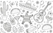 © Hafizul - Mexican fiesta doodle illustration with sombrero guitar tacos skull maracas tequila cactus festive hand drawn vector celebration elements