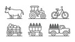 © Abu - Agricultural Icons: A collection of simple line icons representing elements of agriculture, the icons include cow, tractor, bicycle, wagon with crops, cart of asparagus, and a pickup truck.