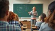 © Masaji - A confident female teacher stands in front of a green blackboard, actively lecturing students in a classroom.