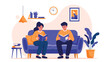 © Scott - Couple sitting together on a blue couch while peacefully reading books in a well-lit living room with plants and a wall clock.