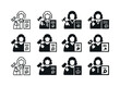 © Марія Томилович - Judge Verdict Icons. Judge in Robes Delivering Verdict. Icon set. Set Logo of Judge in Robes Delivering Verdict: verdict document with gavel stamp. harmonious